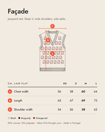 AFORMA Façade size guide: drawing with chest, length and shoulder width measurements in cm, XS to L