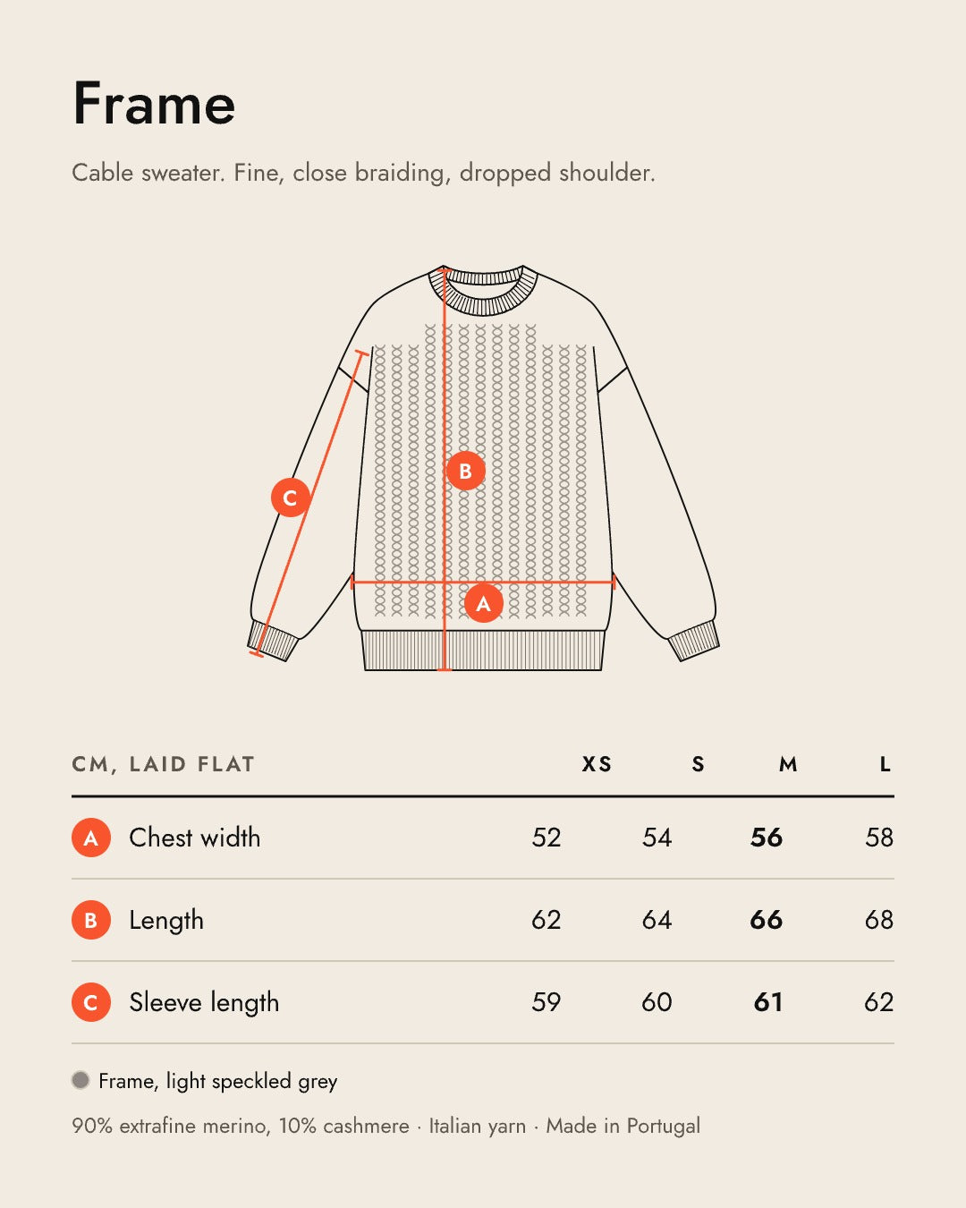 AFORMA Frame size guide: drawing with chest, length and sleeve measurements in cm, XS to L