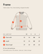 AFORMA Frame size guide: drawing with chest, length and sleeve measurements in cm, XS to L