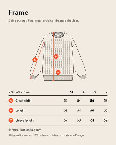 AFORMA Frame size guide: drawing with chest, length and sleeve measurements in cm, XS to L