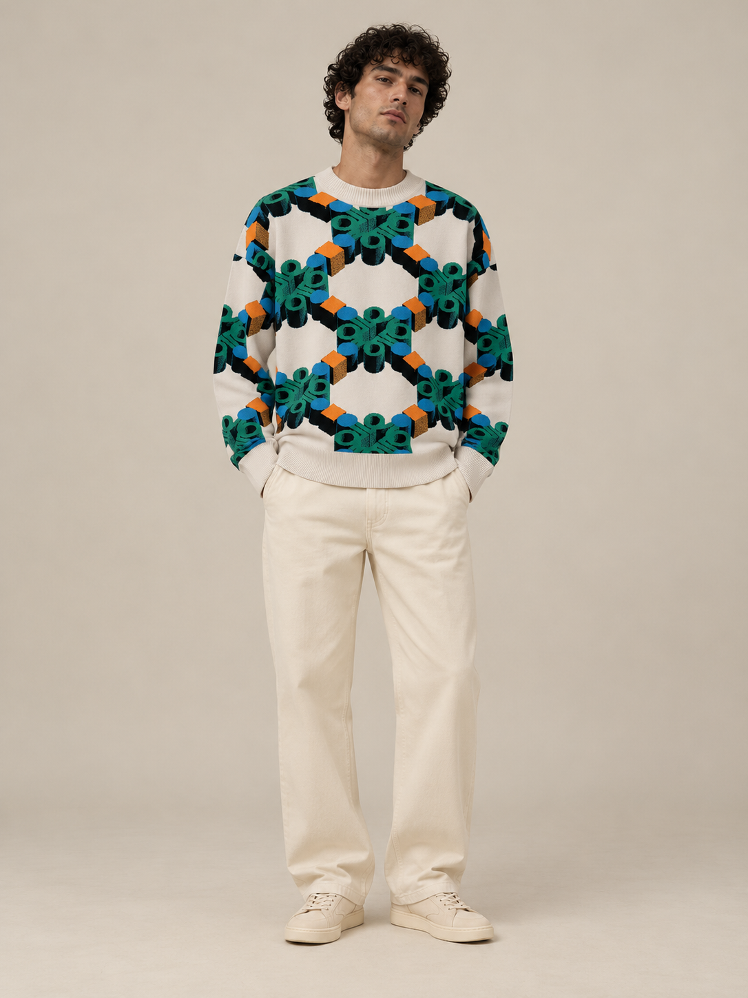 AFORMA Vector oversized unisex knit sweater in cream geometric monogram jacquard, view 2