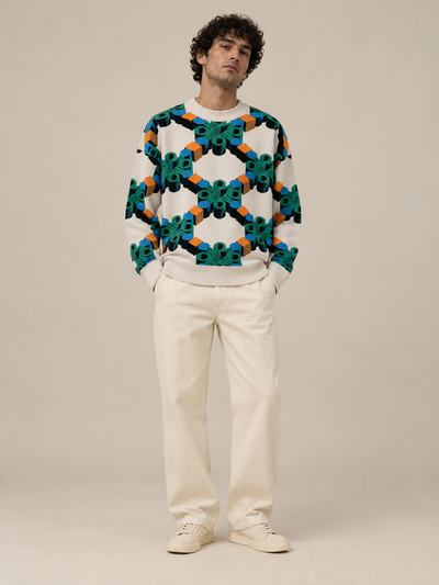 AFORMA Vector oversized unisex knit sweater in cream geometric monogram jacquard, view 2