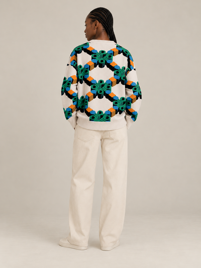 AFORMA Vector oversized unisex knit sweater in cream geometric monogram jacquard, view 7