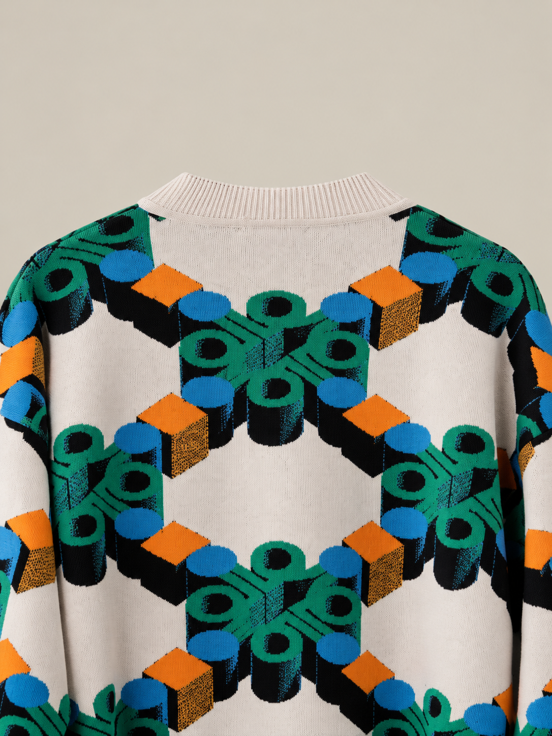 AFORMA Vector oversized unisex knit sweater in cream geometric monogram jacquard, view 8