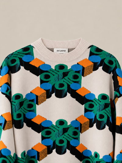 AFORMA Vector oversized unisex knit sweater in cream geometric monogram jacquard, view 6