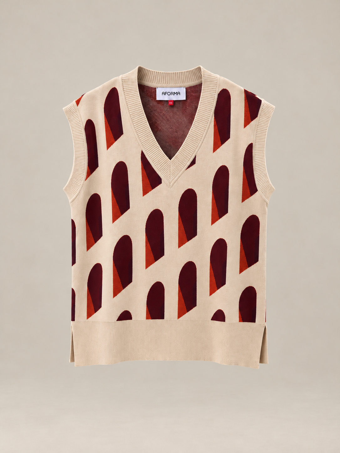 AFORMA Façade oversized unisex knit vest in blush and burgundy arch jacquard, view 1