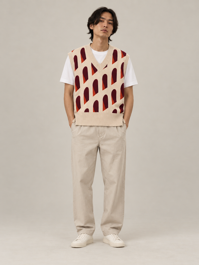 AFORMA Façade oversized unisex knit vest in blush and burgundy arch jacquard, view 5