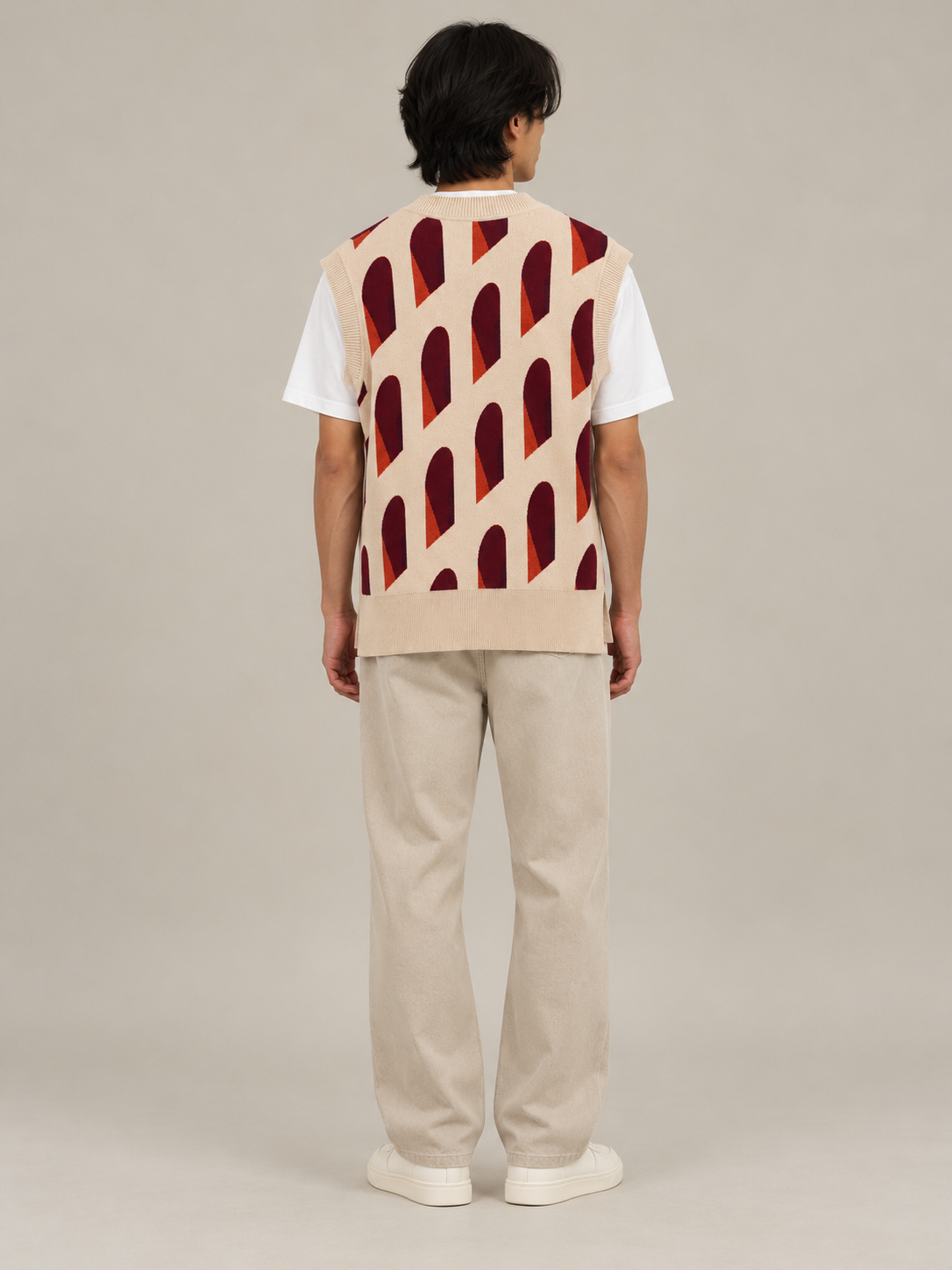 AFORMA Façade oversized unisex knit vest in blush and burgundy arch jacquard, view 7