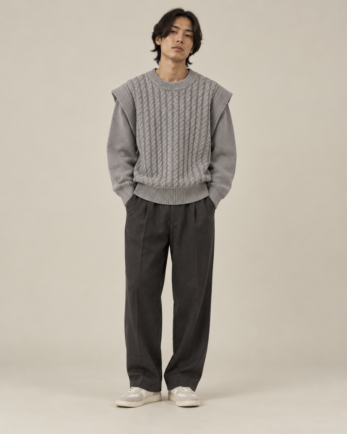 AFORMA Frame oversized unisex cable-knit sweater in light speckled grey, view 2