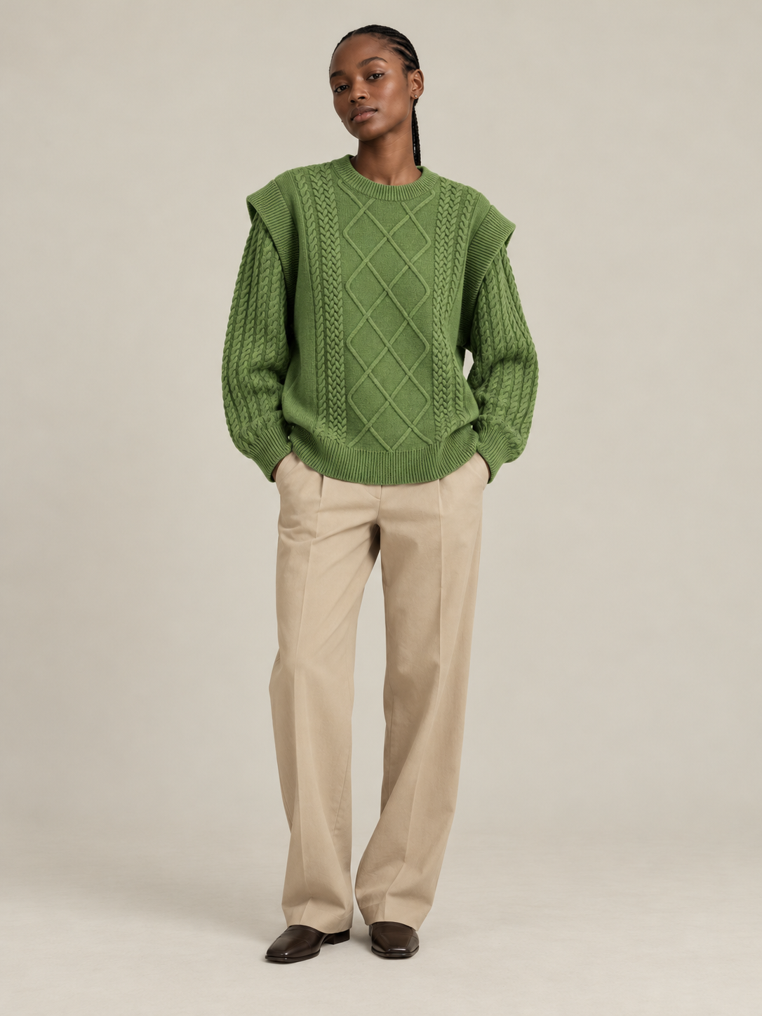 AFORMA Echo oversized unisex cable-knit sweater in green with diamond panel, view 2