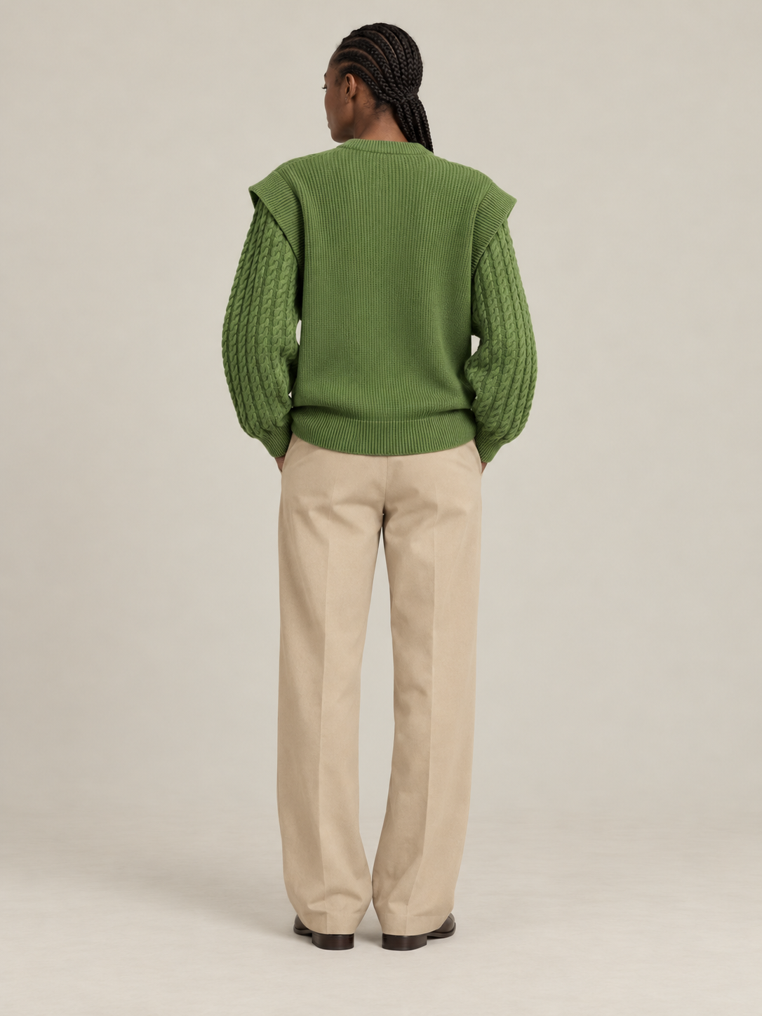 AFORMA Echo oversized unisex cable-knit sweater in green with diamond panel, view 4